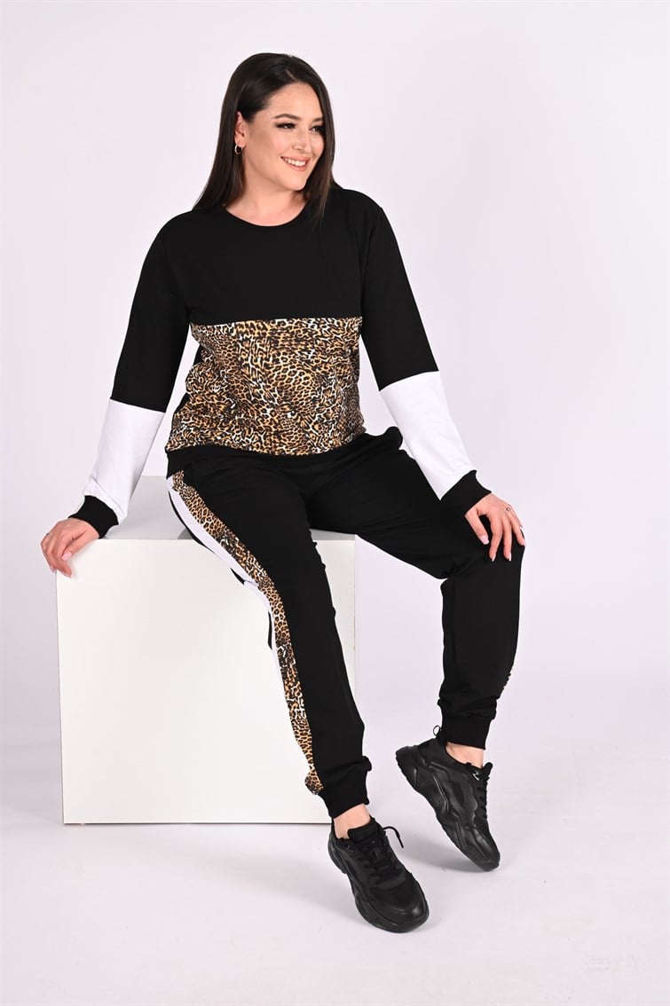 Leopar Detaylı Battal (Büyük) Beden Eşofman Takımı Siyah