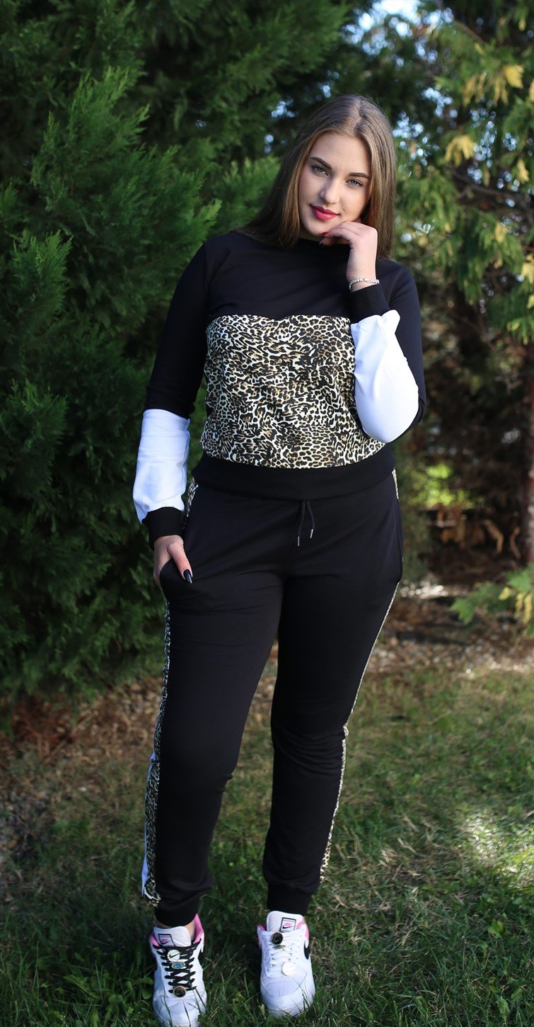 Leopar Detaylı Battal (Büyük) Beden Eşofman Takımı Siyah
