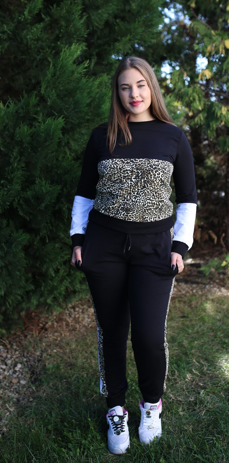Leopar Detaylı Battal (Büyük) Beden Eşofman Takımı Siyah