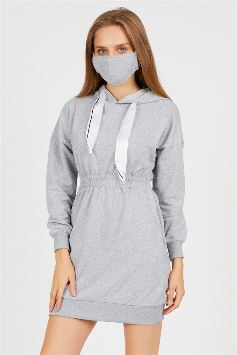 Maske Hediyeli Kurdele İpli Elbise Gri