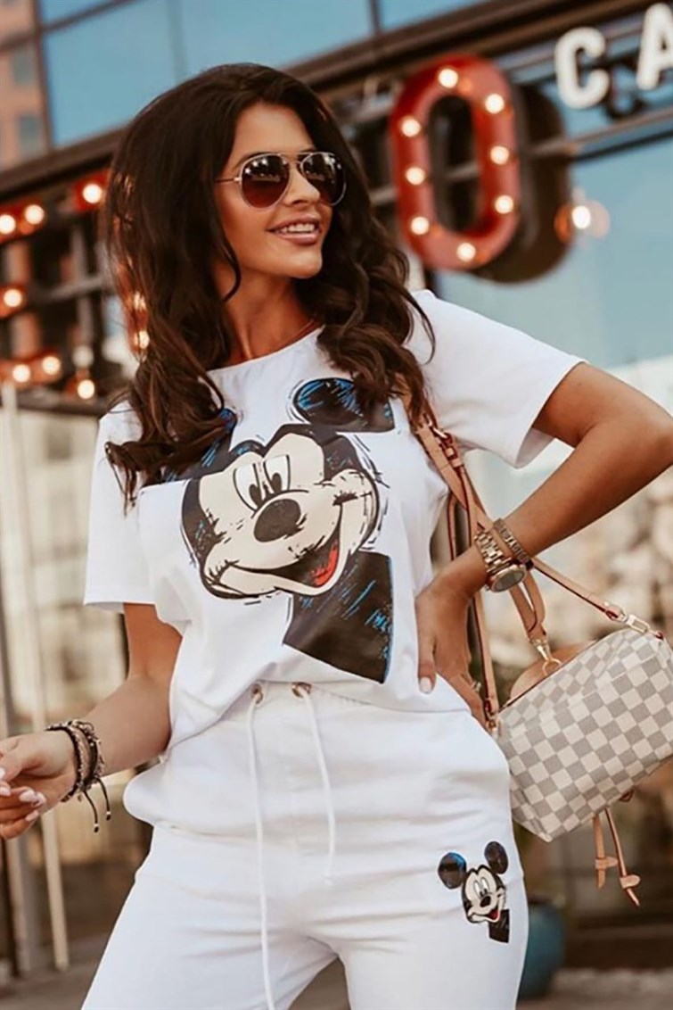 Micky Mouse Baskılı Kısa Kollu Eşofman Takımı (Beyaz)
