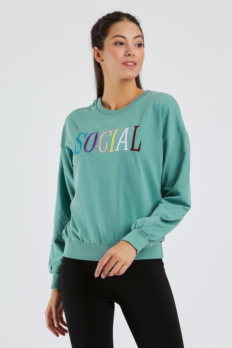 Renkli Social Nakışlı Uzun Kollu Sweat 9099-2