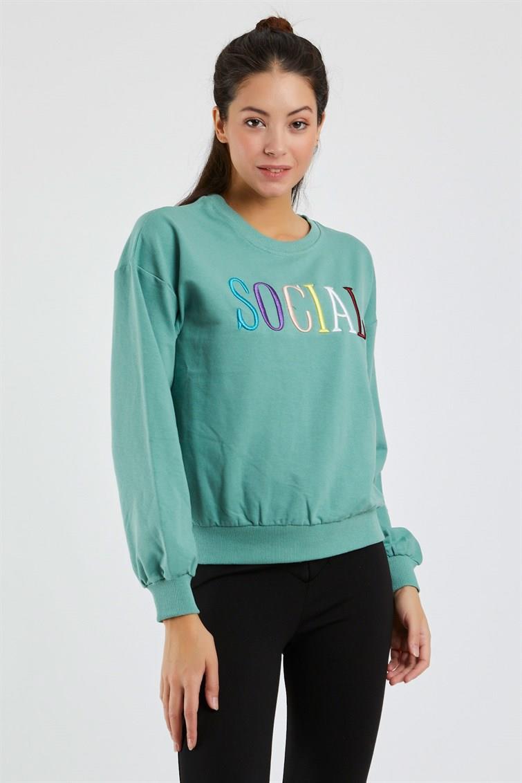 Renkli Social Nakışlı Uzun Kollu Sweat 9099-2