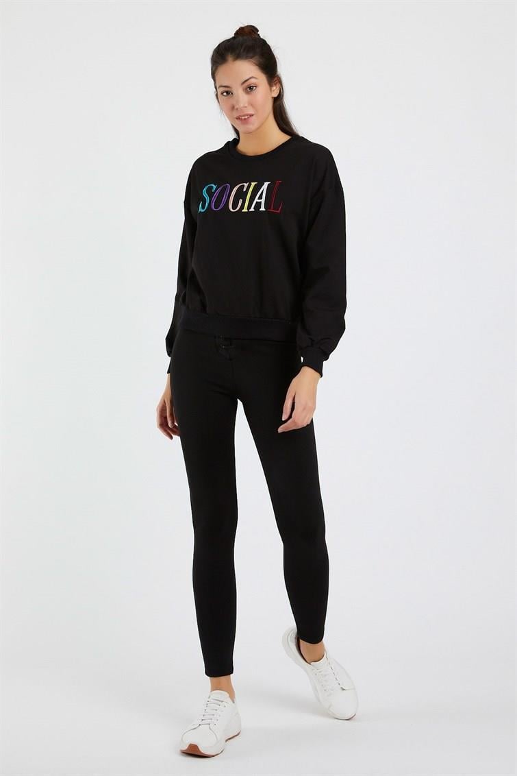 Renkli Social Nakışlı Uzun Kollu Sweat 9099-2