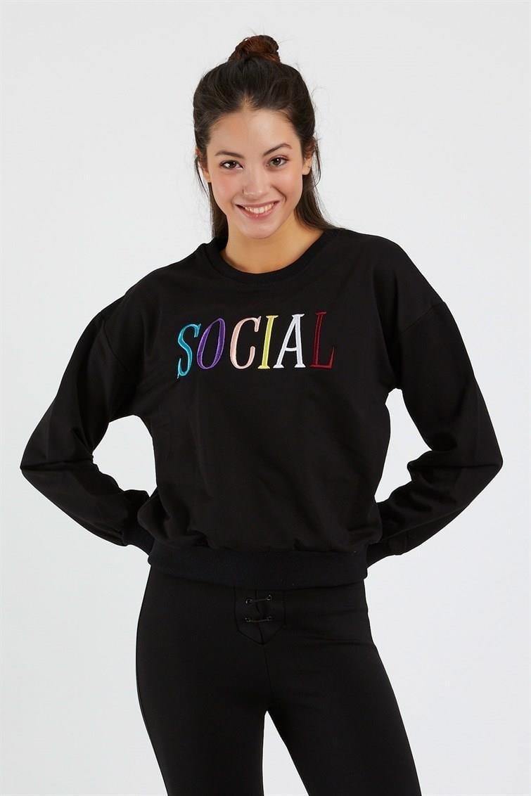 Renkli Social Nakışlı Uzun Kollu Sweat 9099-2