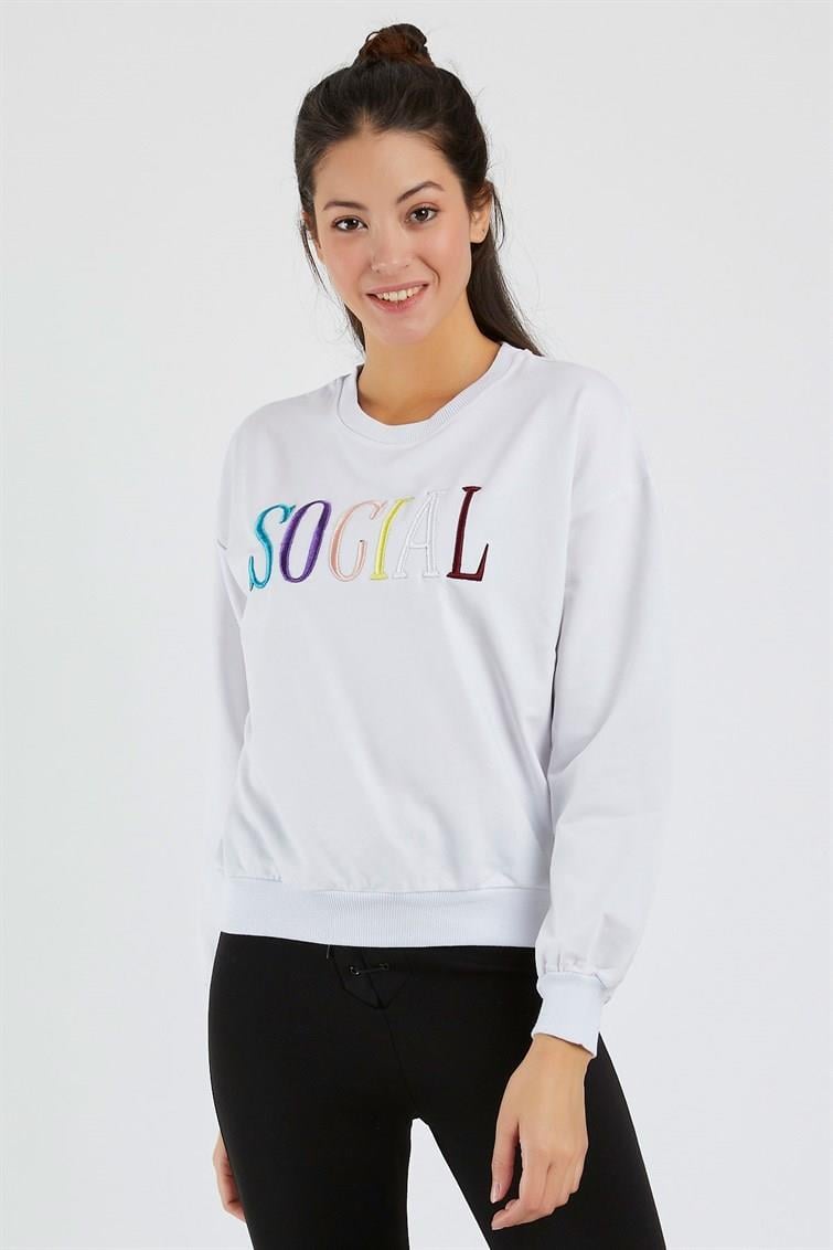 Renkli Social Nakışlı Uzun Kollu Sweat 9099-2