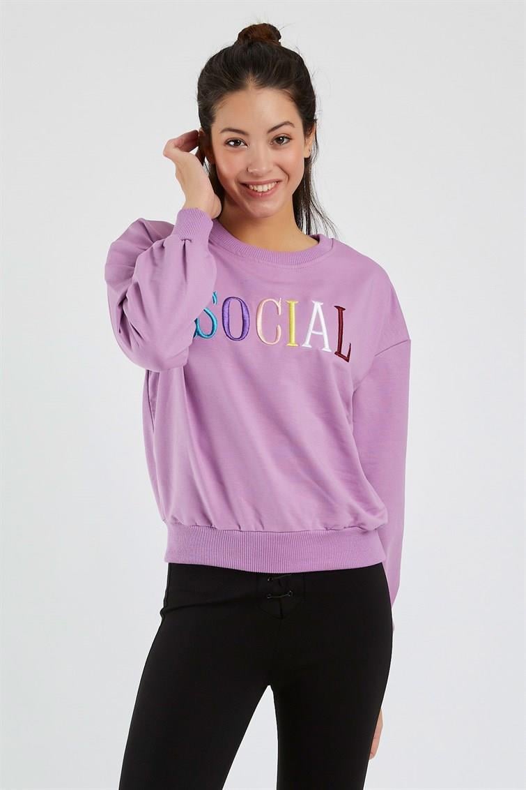 Renkli Social Nakışlı Uzun Kollu Sweat 9099-2