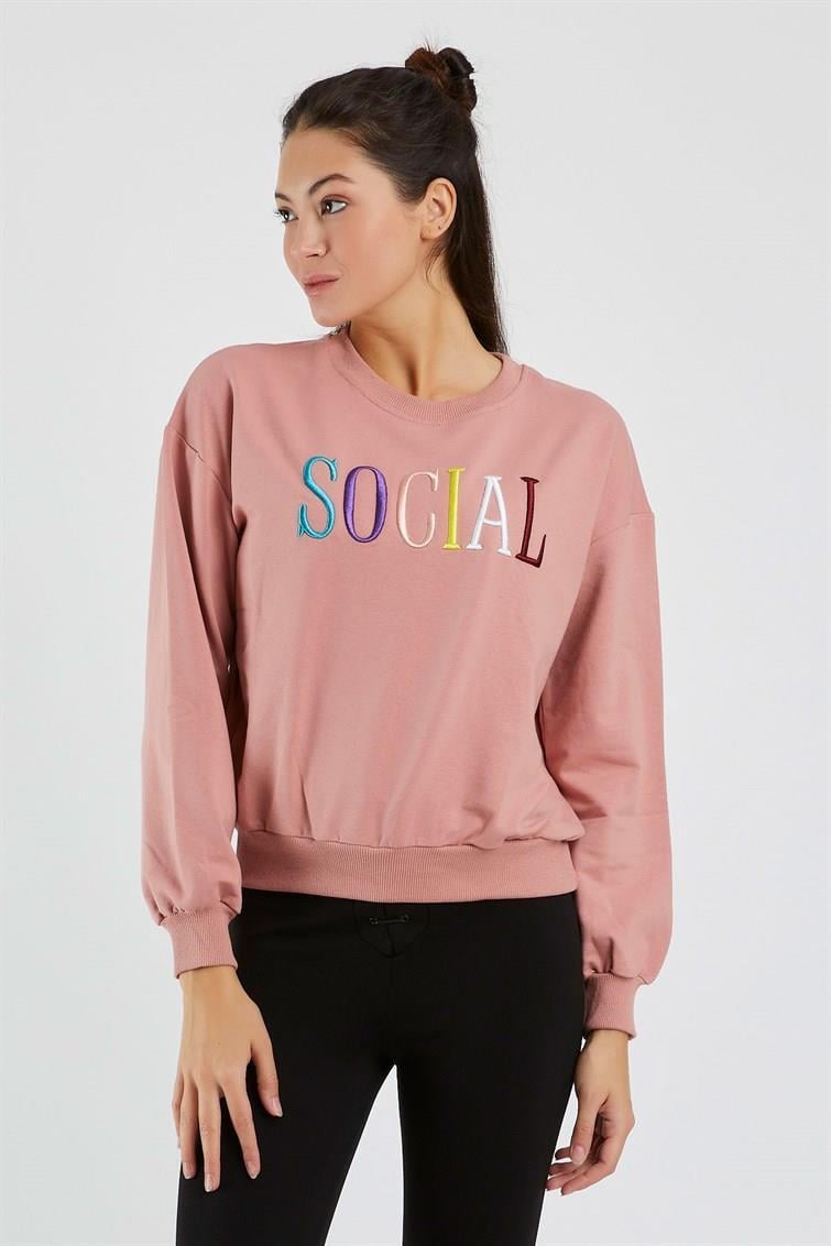 Renkli Social Nakışlı Uzun Kollu Sweat 9099-2