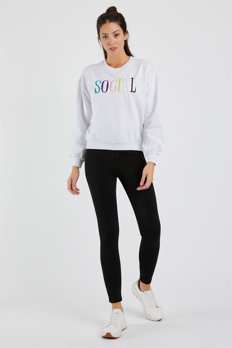 Renkli Social Nakışlı Uzun Kollu Sweat 9099-2