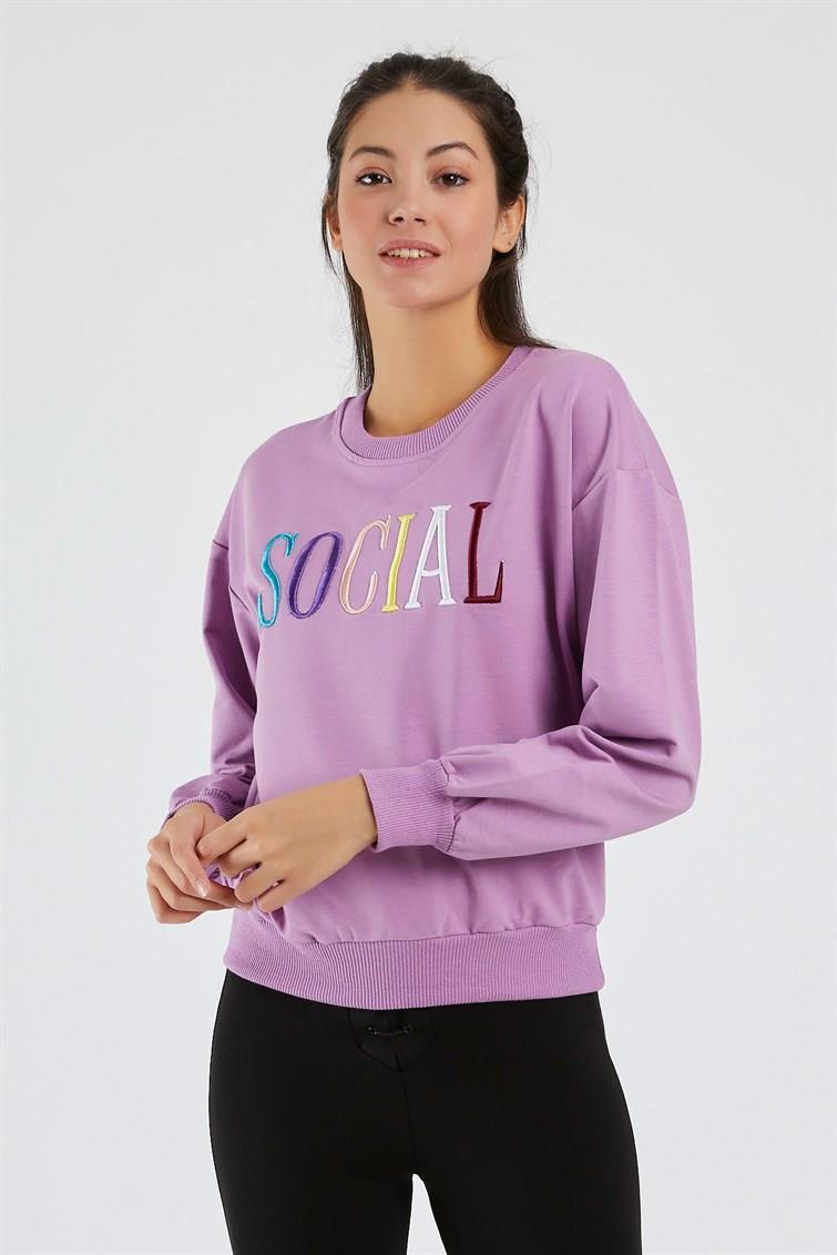 Renkli Social Nakışlı Uzun Kollu Sweat 9099-2