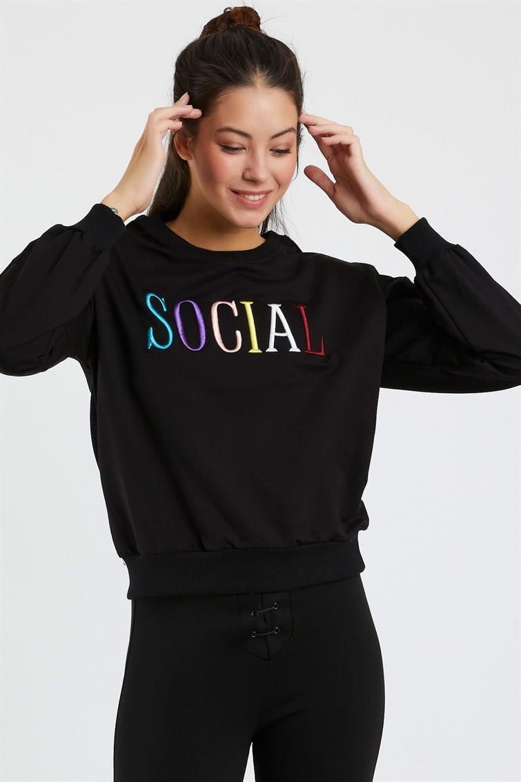 Renkli Social Nakışlı Uzun Kollu Sweat 9099-2