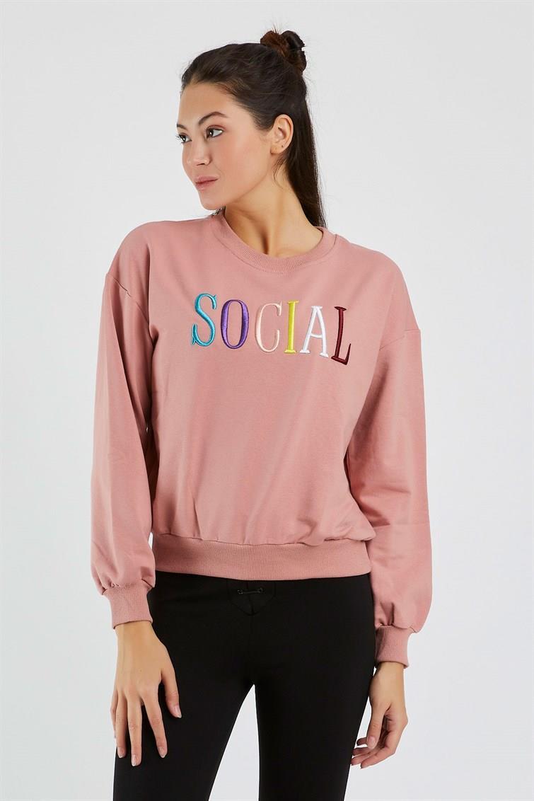 Renkli Social Nakışlı Uzun Kollu Sweat 9099-2