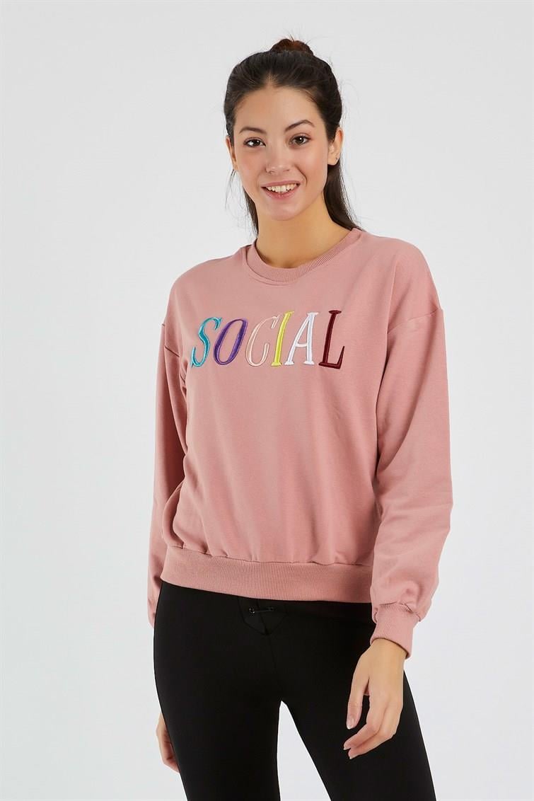 Renkli Social Nakışlı Uzun Kollu Sweat 9099-2