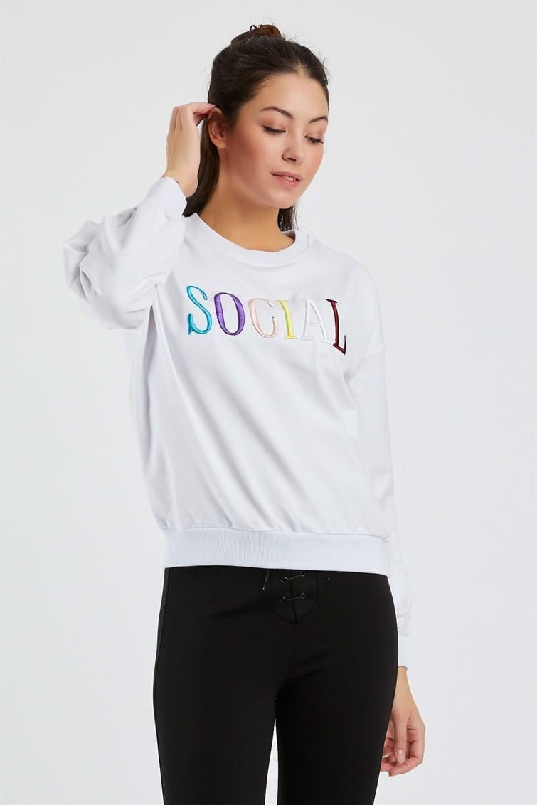 Renkli Social Nakışlı Uzun Kollu Sweat 9099-2