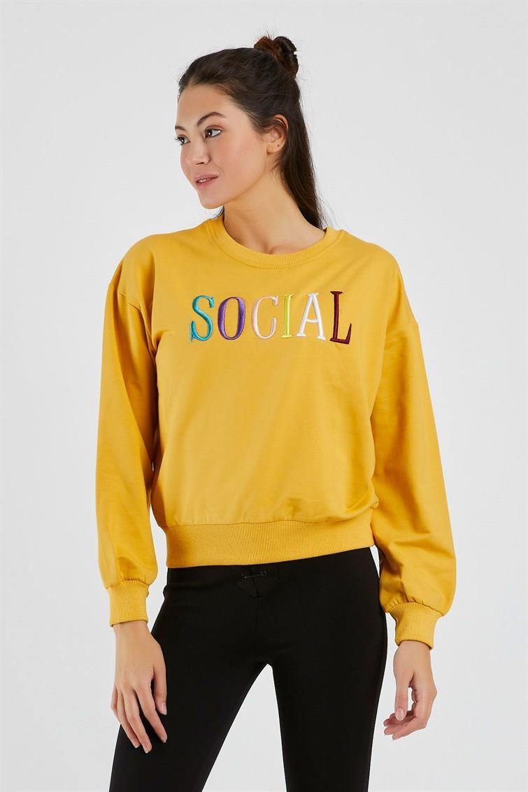 Renkli Social Nakışlı Uzun Kollu Sweat 9099-2