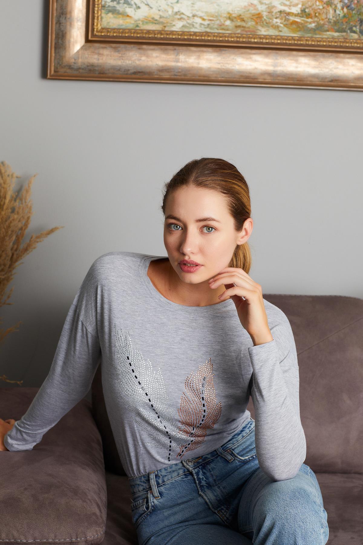 Taşlı Yaprak Detaylı Sweat 9130-2
