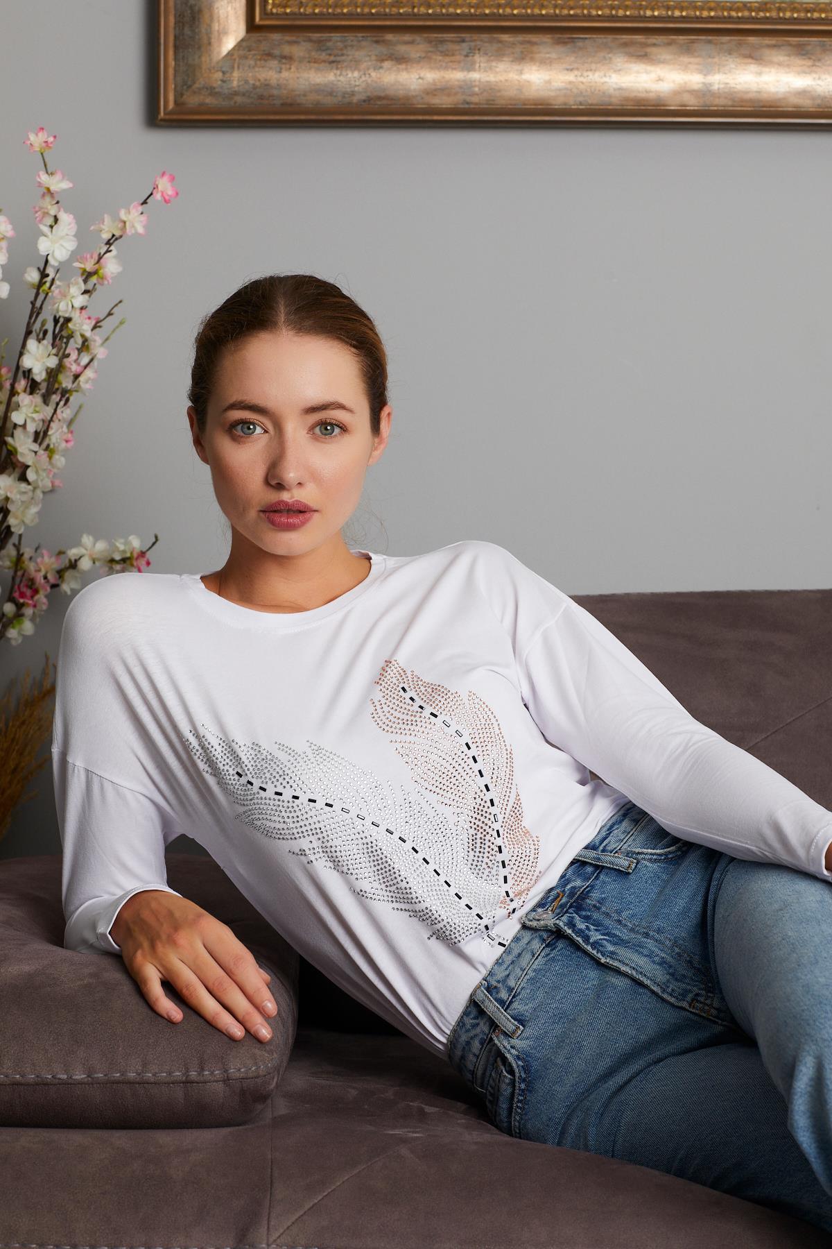 Taşlı Yaprak Detaylı Sweat 9130-2