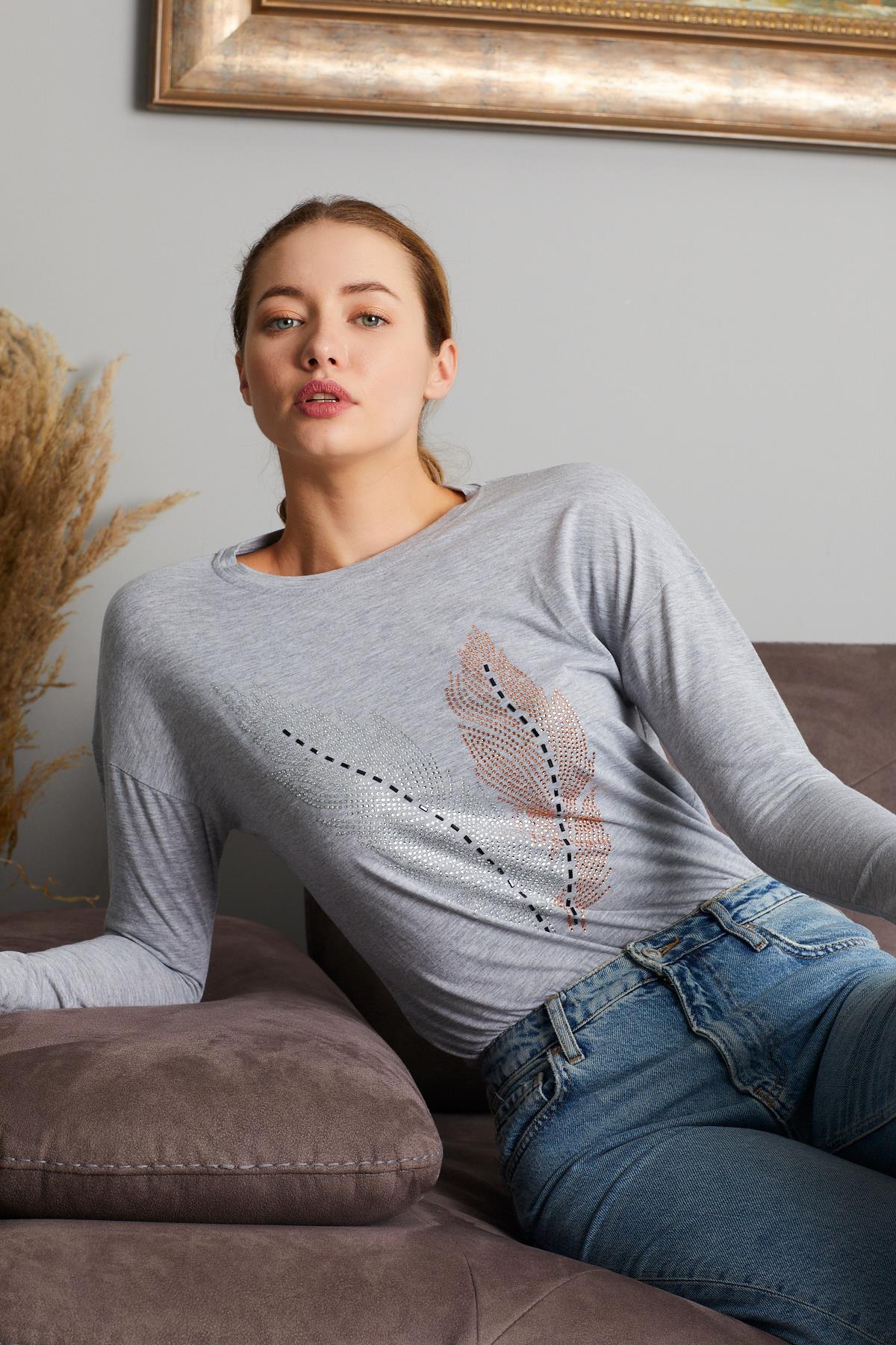 Taşlı Yaprak Detaylı Sweat 9130-2