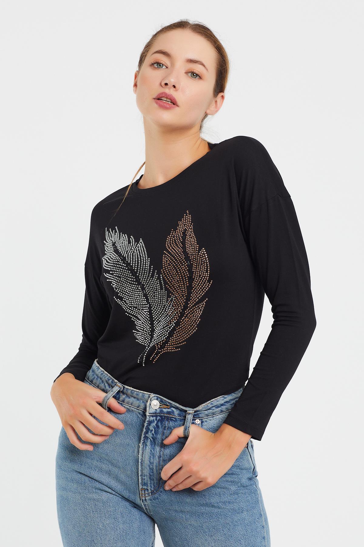 Taşlı Yaprak Detaylı Sweat 9130-2