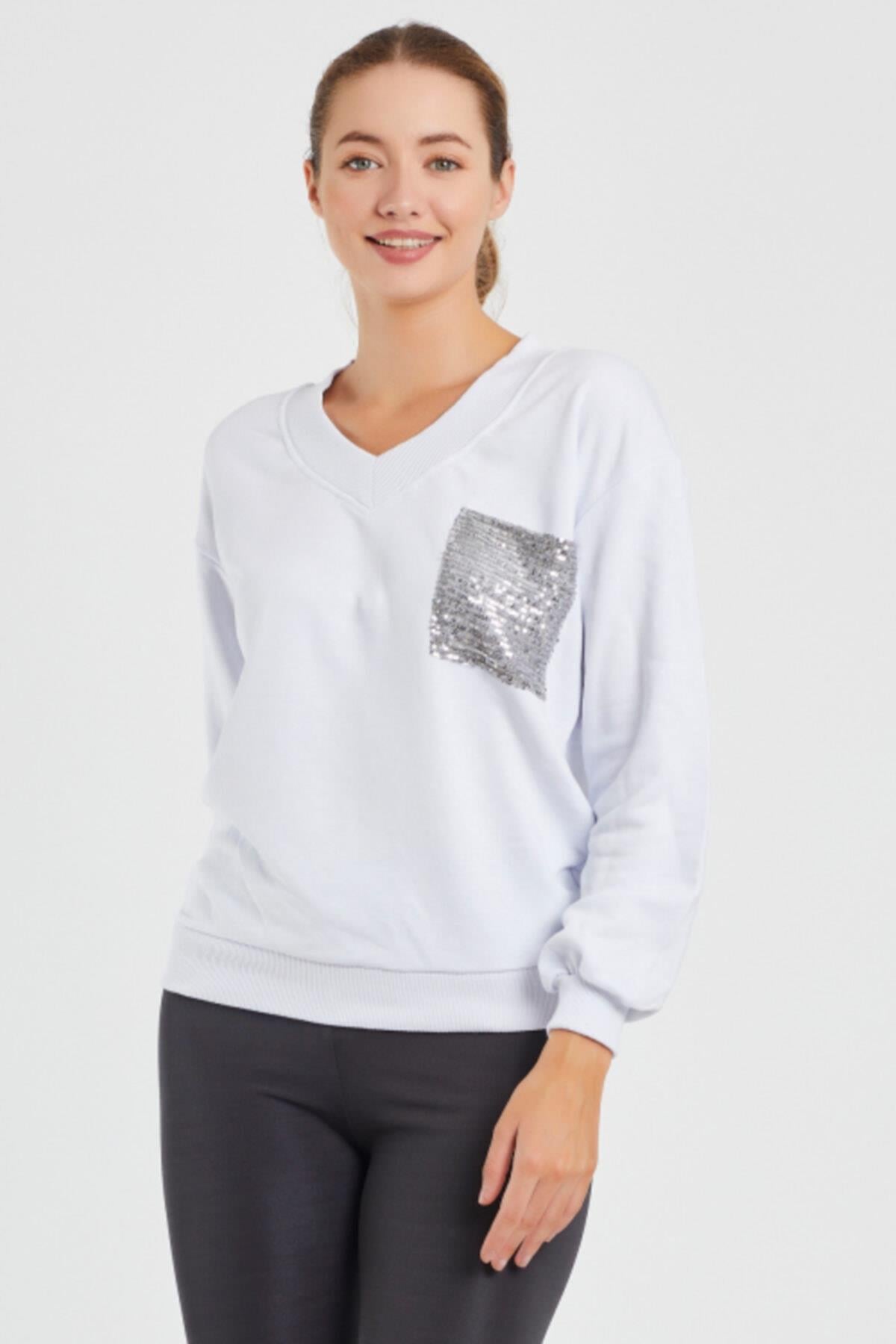 V Yaka Baskılı  Sweat 9163