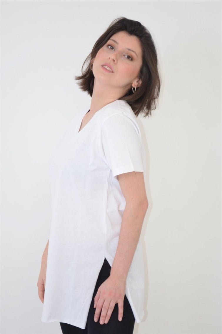 Yanları Yırtmaçlı Uzun T-Shirt