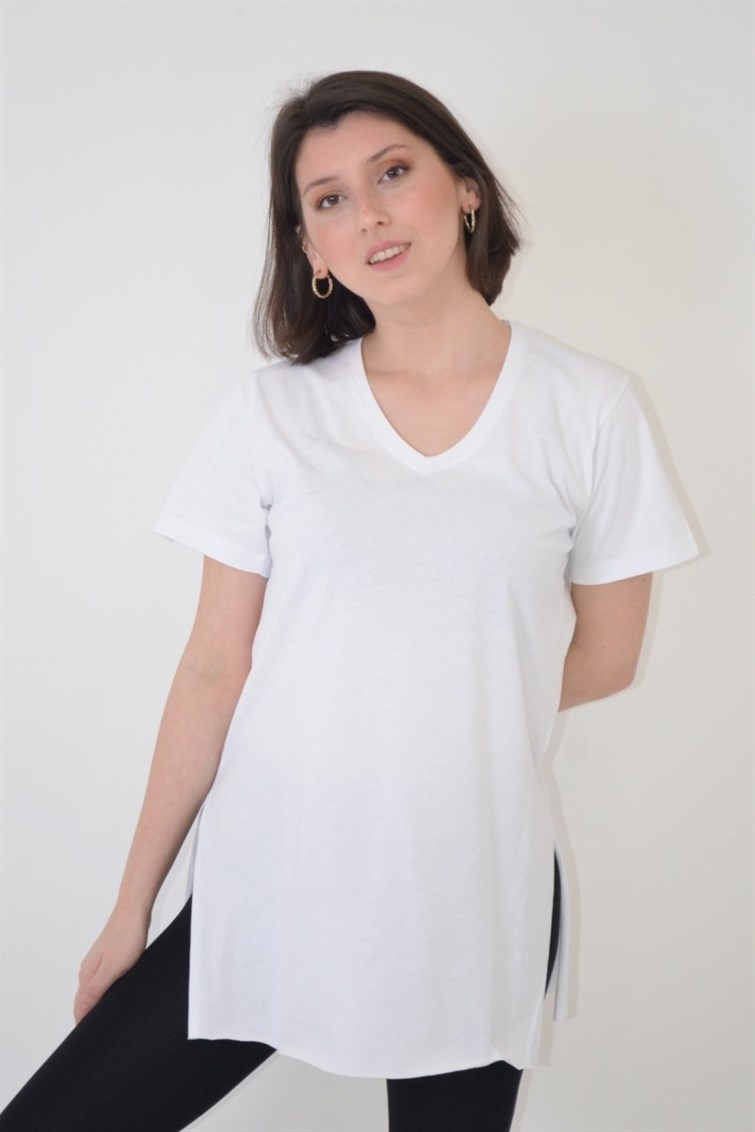 Yanları Yırtmaçlı Uzun T-Shirt