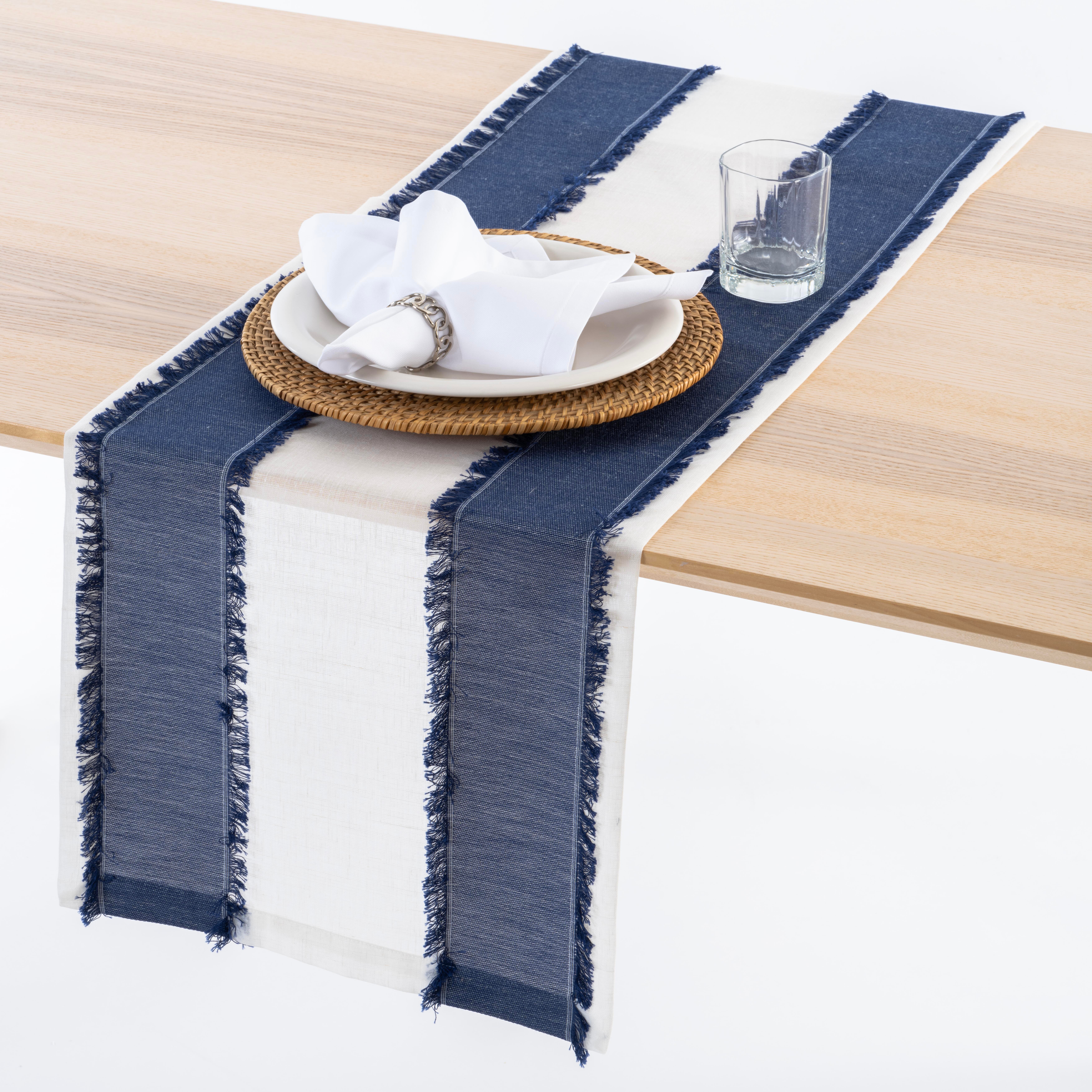 Beyaz Keten Üzerine Mavi Saçaklı Parça Kumaş Dikişli 40x180 Runner Masa Bandı CVICB1C07JM09711ET-0101