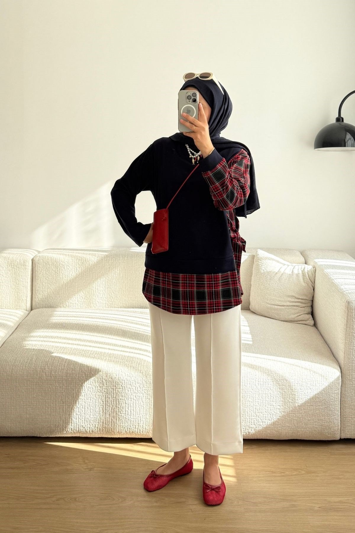 6196 LACİVERT EKOSE DETAYLI BAĞLAMALI SWEATSHIRT