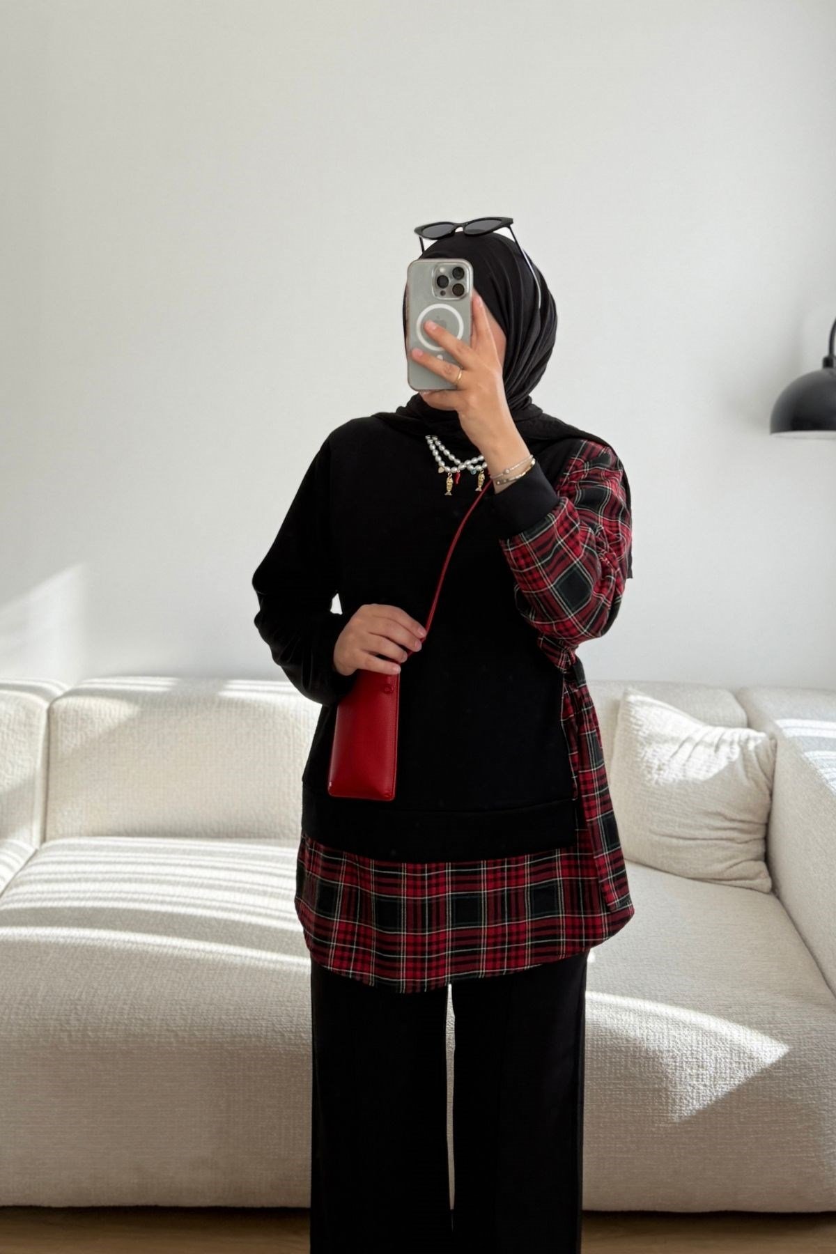 6196 SİYAH EKOSE DETAYLI BAĞLAMALI SWEATSHIRT