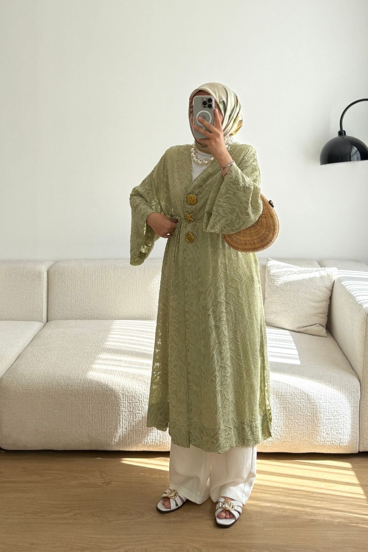 9088 YEŞİL DANTEL DETAYLI KİMONO