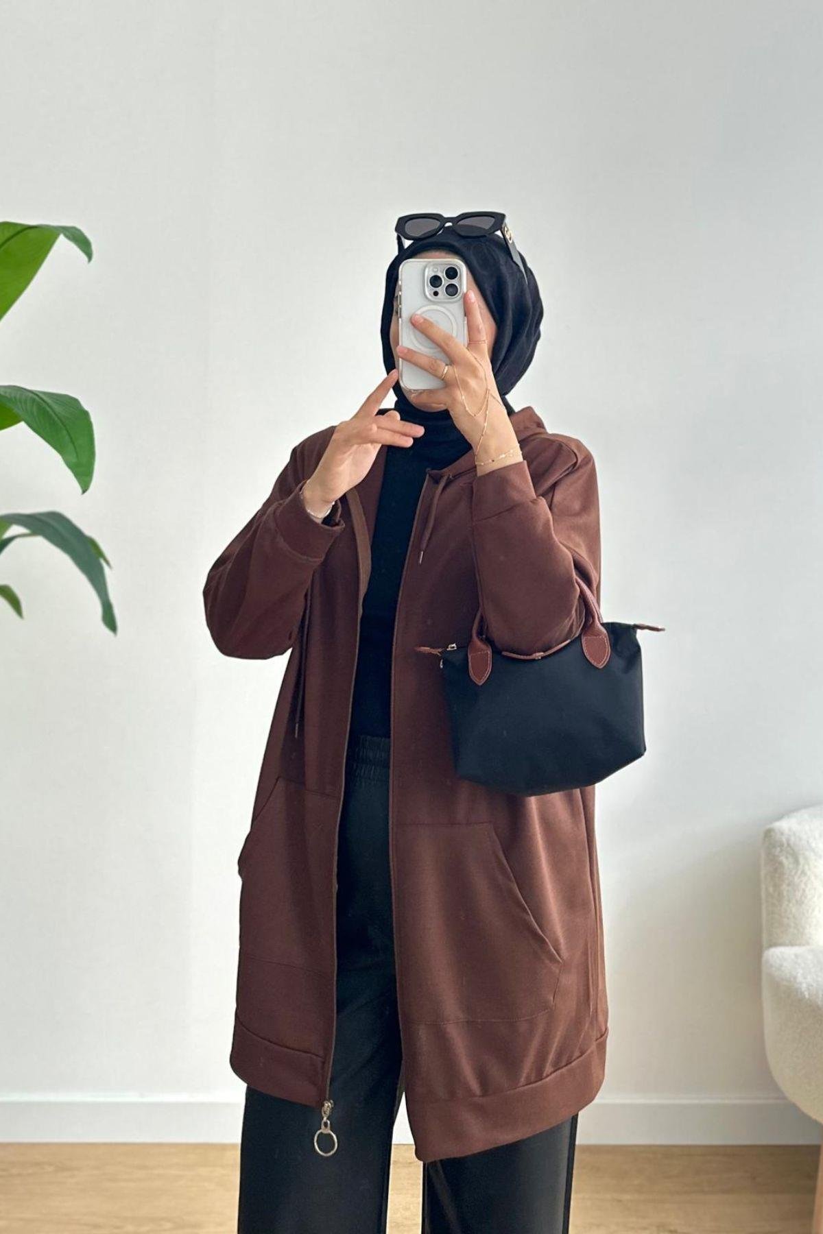 ACI KAHVE FERMUARLI İNCE KAPÜŞONLU HIRKA