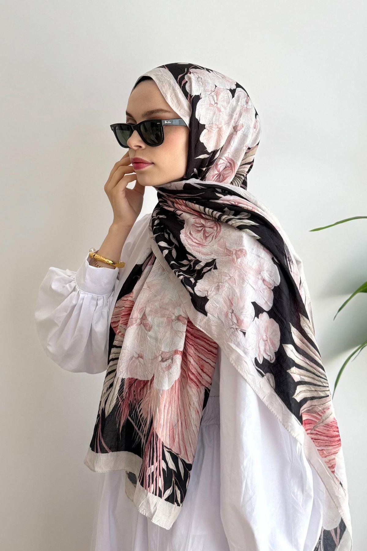 AÇIK BEJ ŞERİTLİ TOZ PEMBE ORKİDE DESEN BAMBU ŞAL