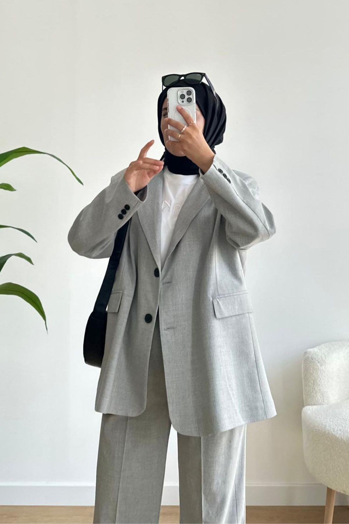 AÇIK GRİ BLAZER OVERSİZE CEKET 