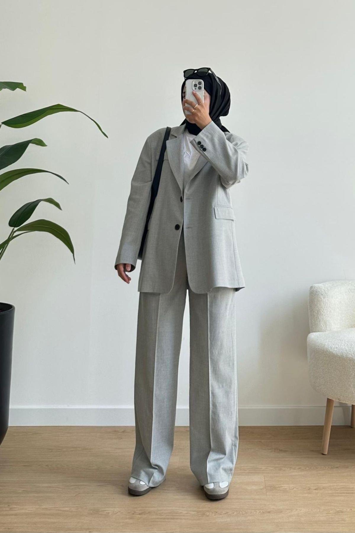 AÇIK GRİ BLAZER OVERSİZE CEKET 