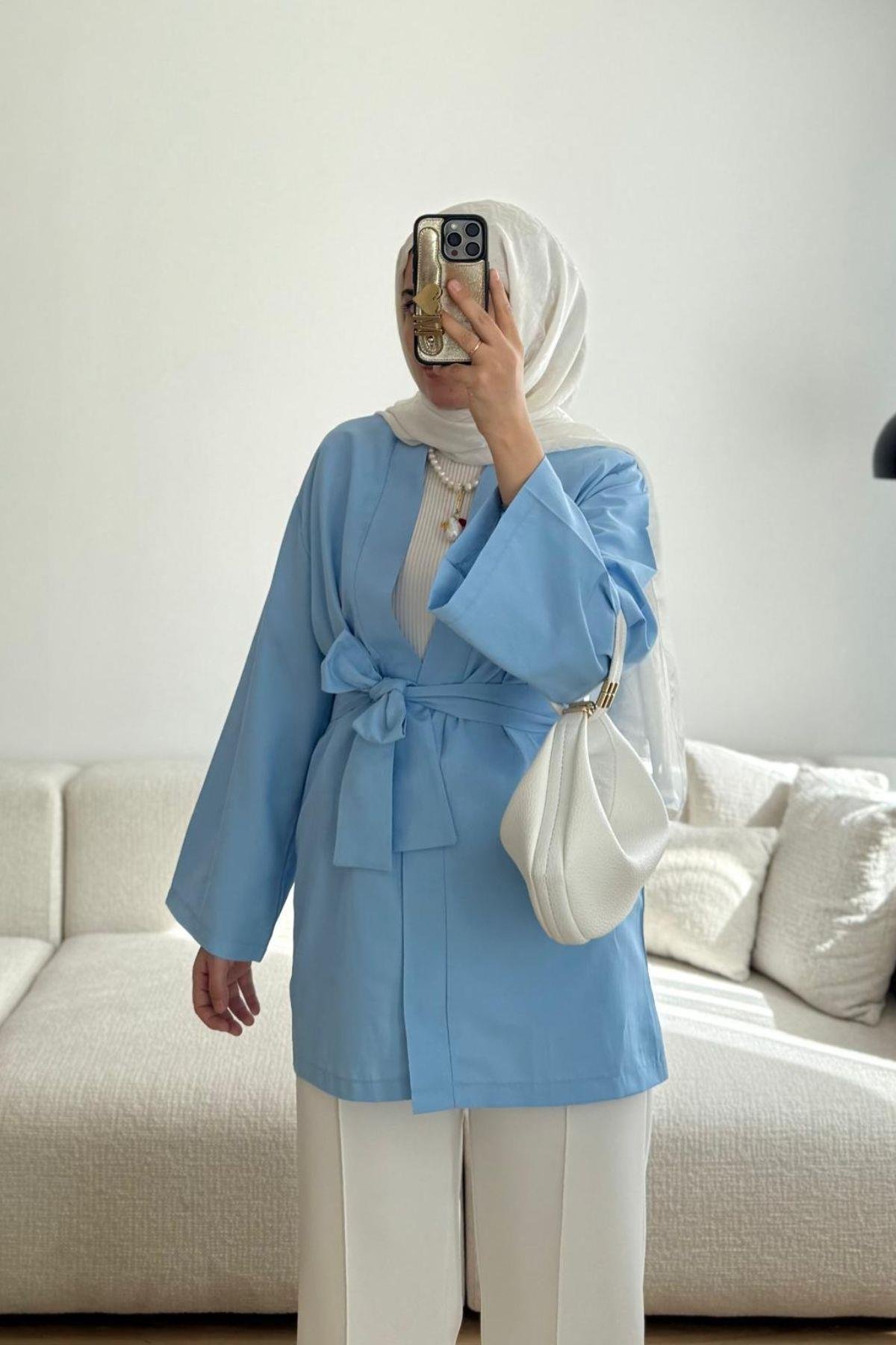 BEBE MAVİ CEPLİ KUŞAKLI KİMONO