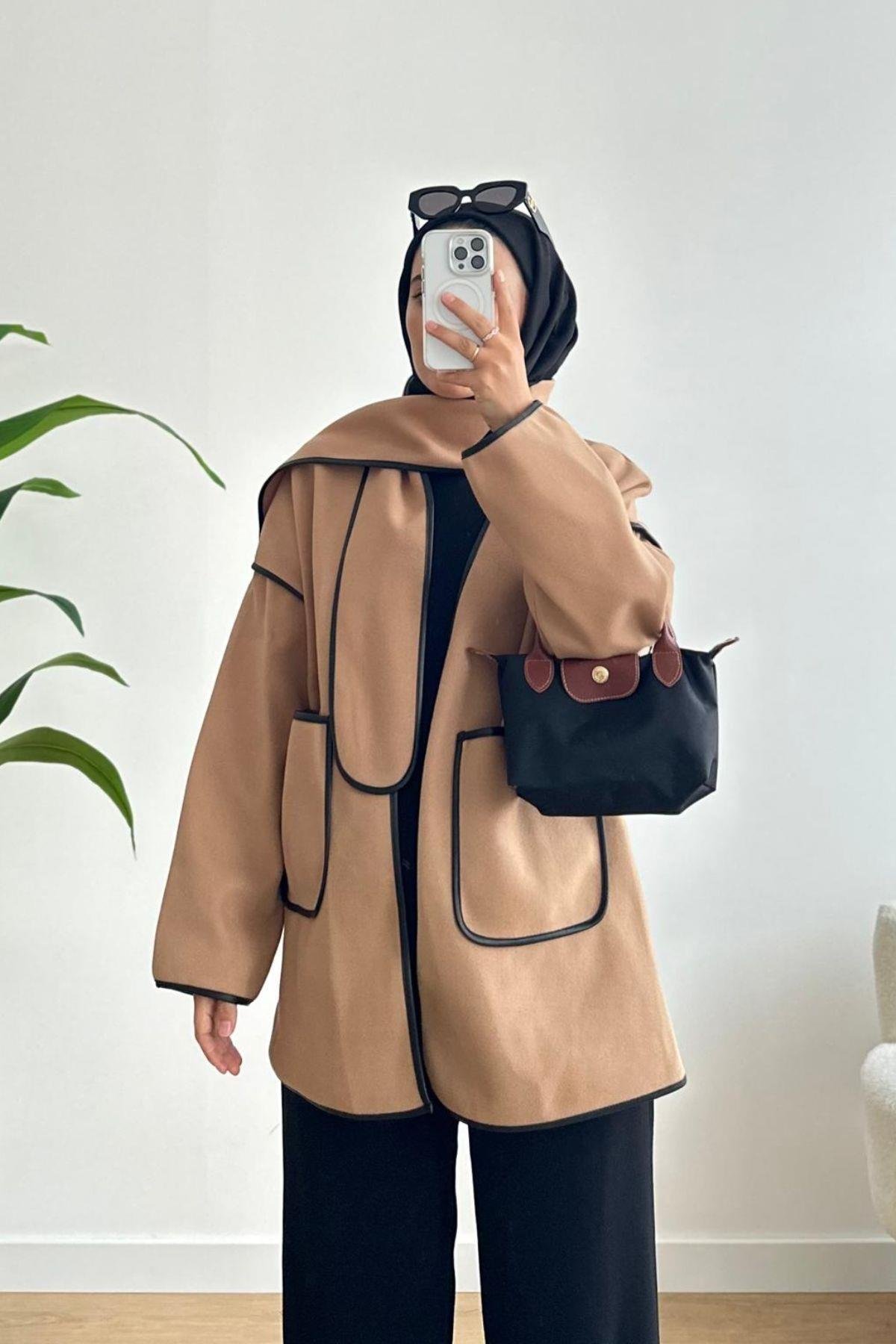 BEJ BİYELİ ATKI DETAYLI CEKET