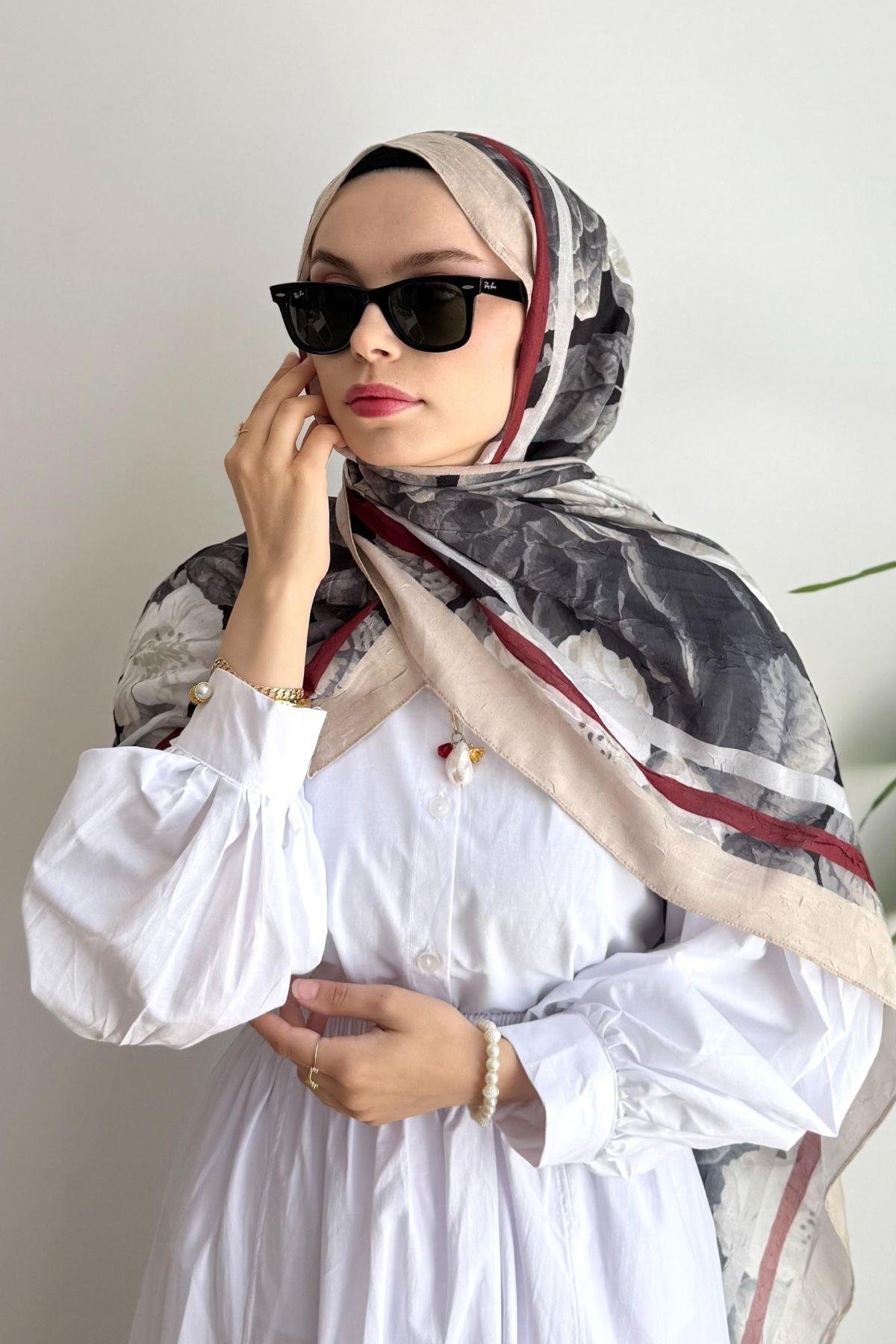 BEJ BORDO ŞERİTLİ BÜYÜK ÇİÇEK DESEN BAMBU ŞAL