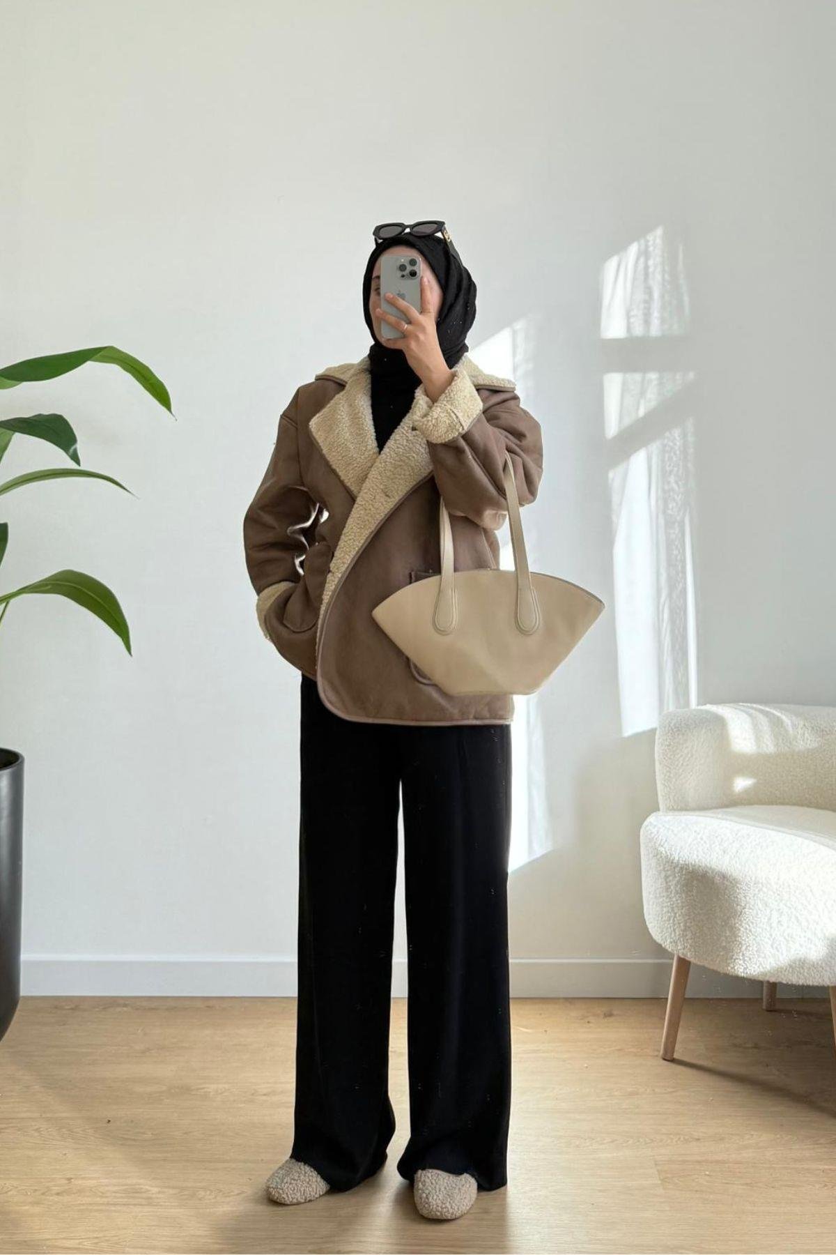 BEJ İÇİ KÜRKLÜ OVERSİZE MONT