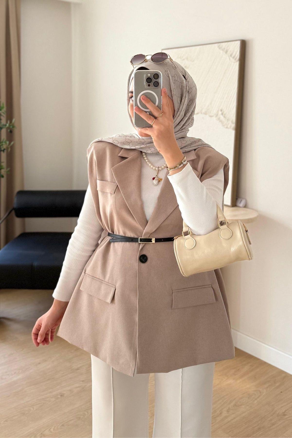 BEJ KEMERLİ YELEK CEKET 