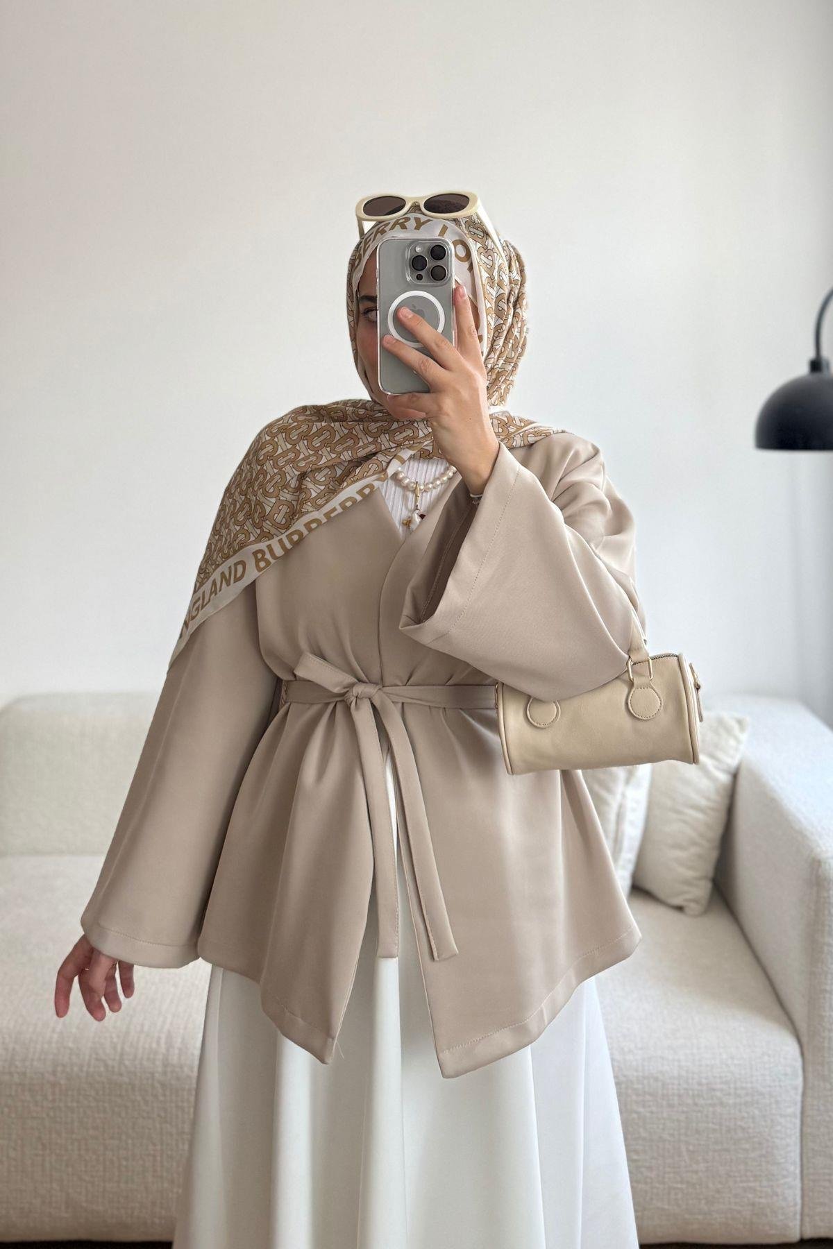 BEJ SCUBA KUŞAKLI KİMONO