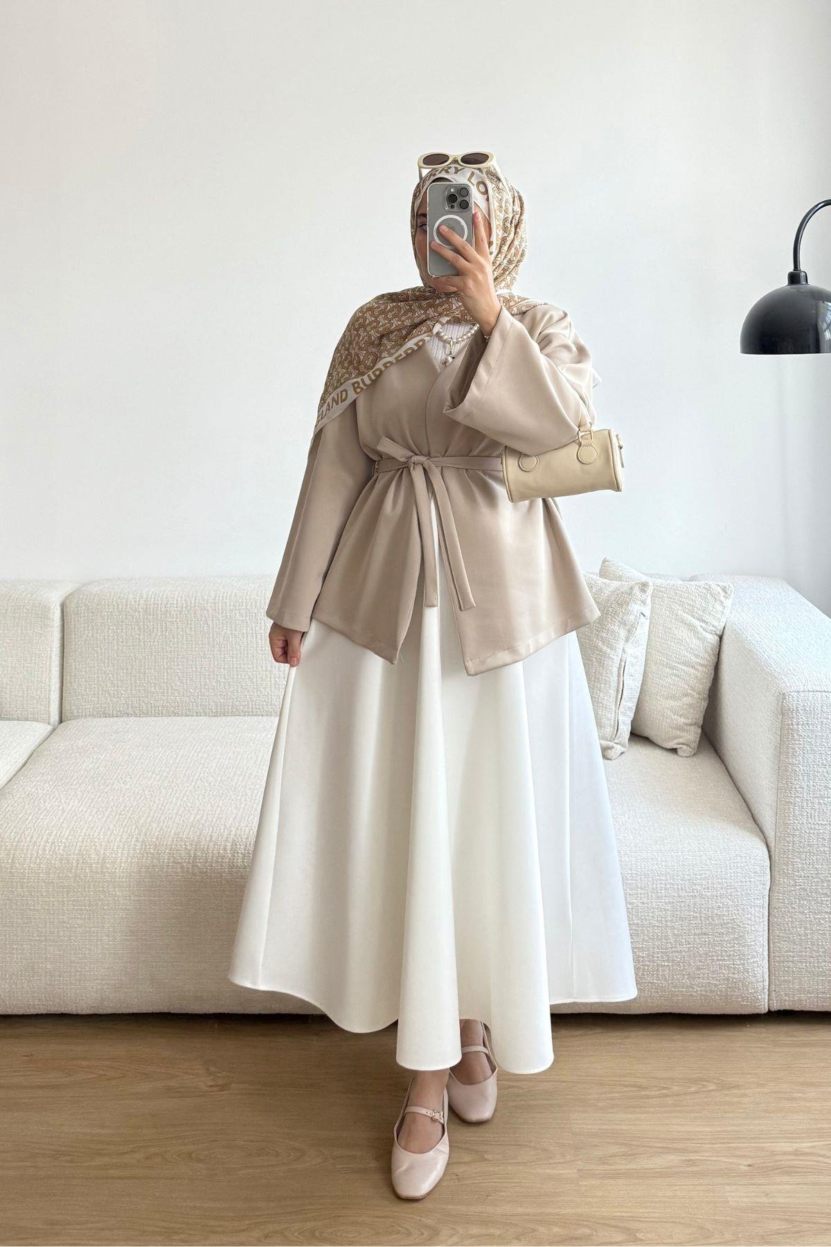 BEJ SCUBA KUŞAKLI KİMONO