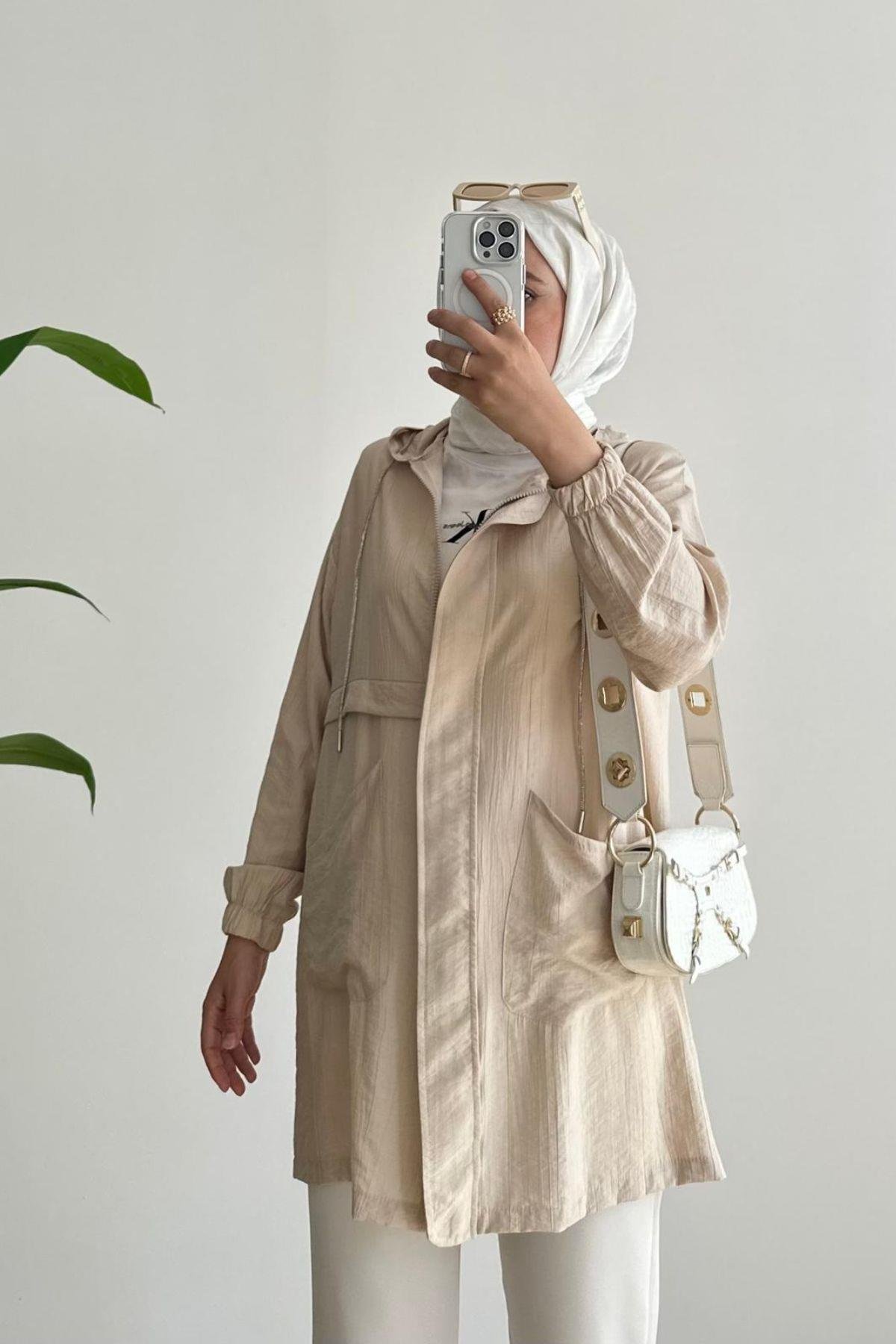 BEJ TAŞ İP DETAYLI CEKET