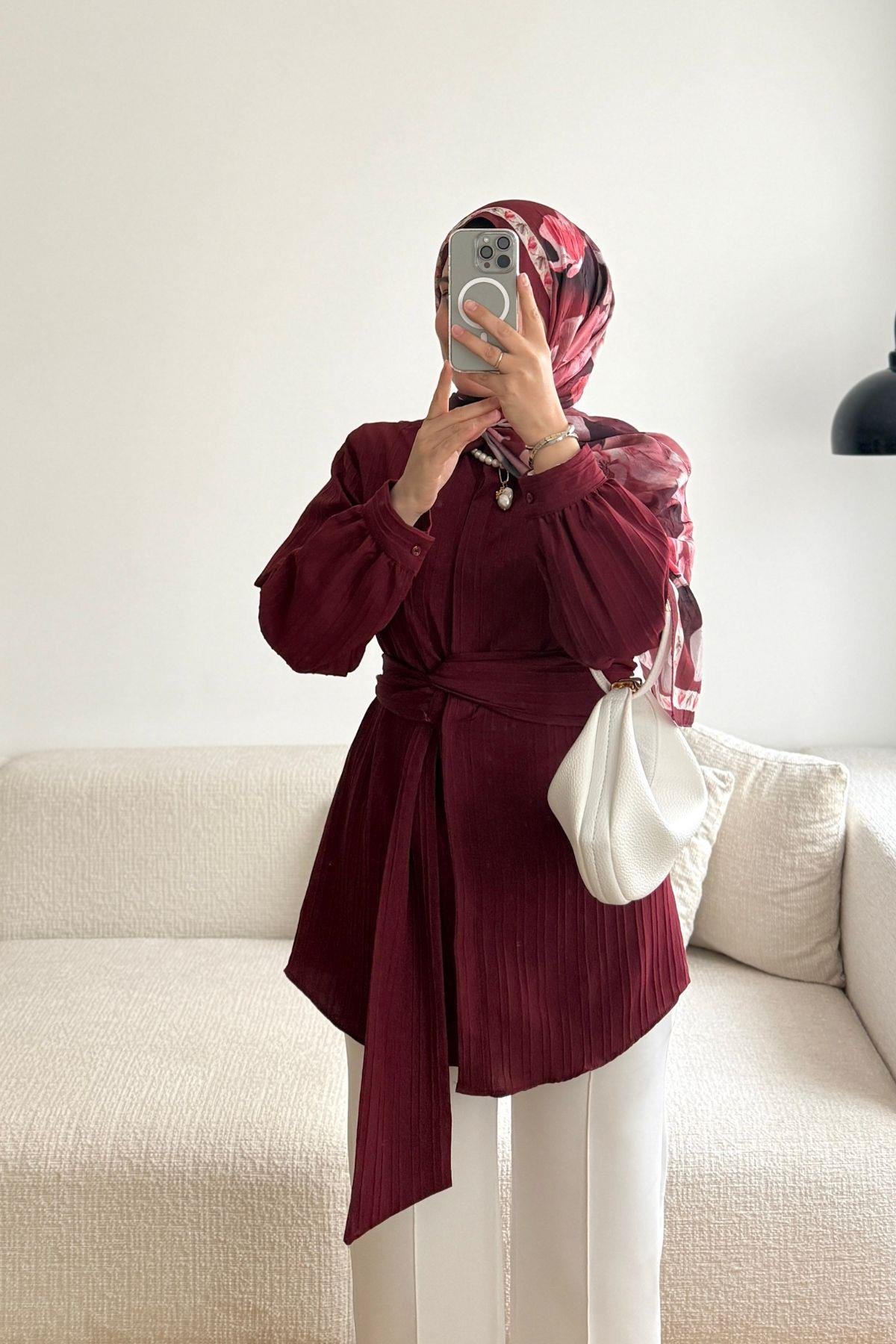 BORDO BAĞLAMA DETAYLI GÖMLEK