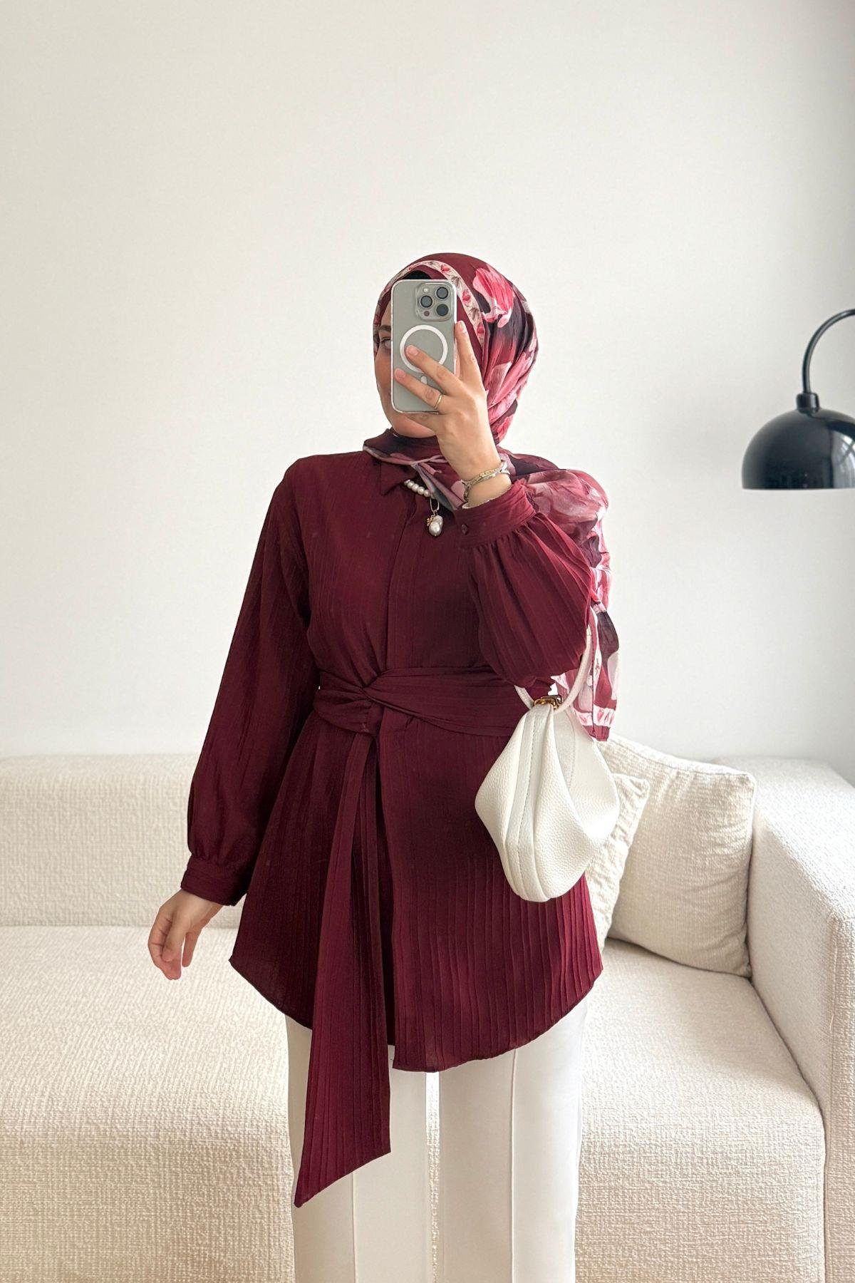 BORDO BAĞLAMA DETAYLI GÖMLEK