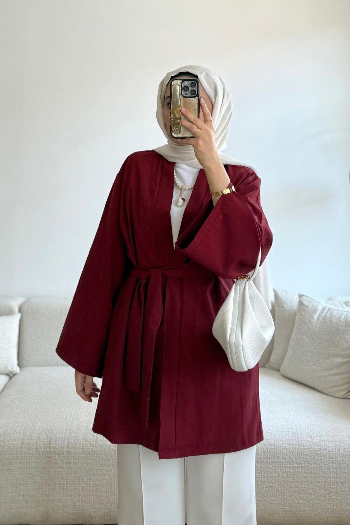 BORDO CEPLİ KUŞAKLI KİMONO