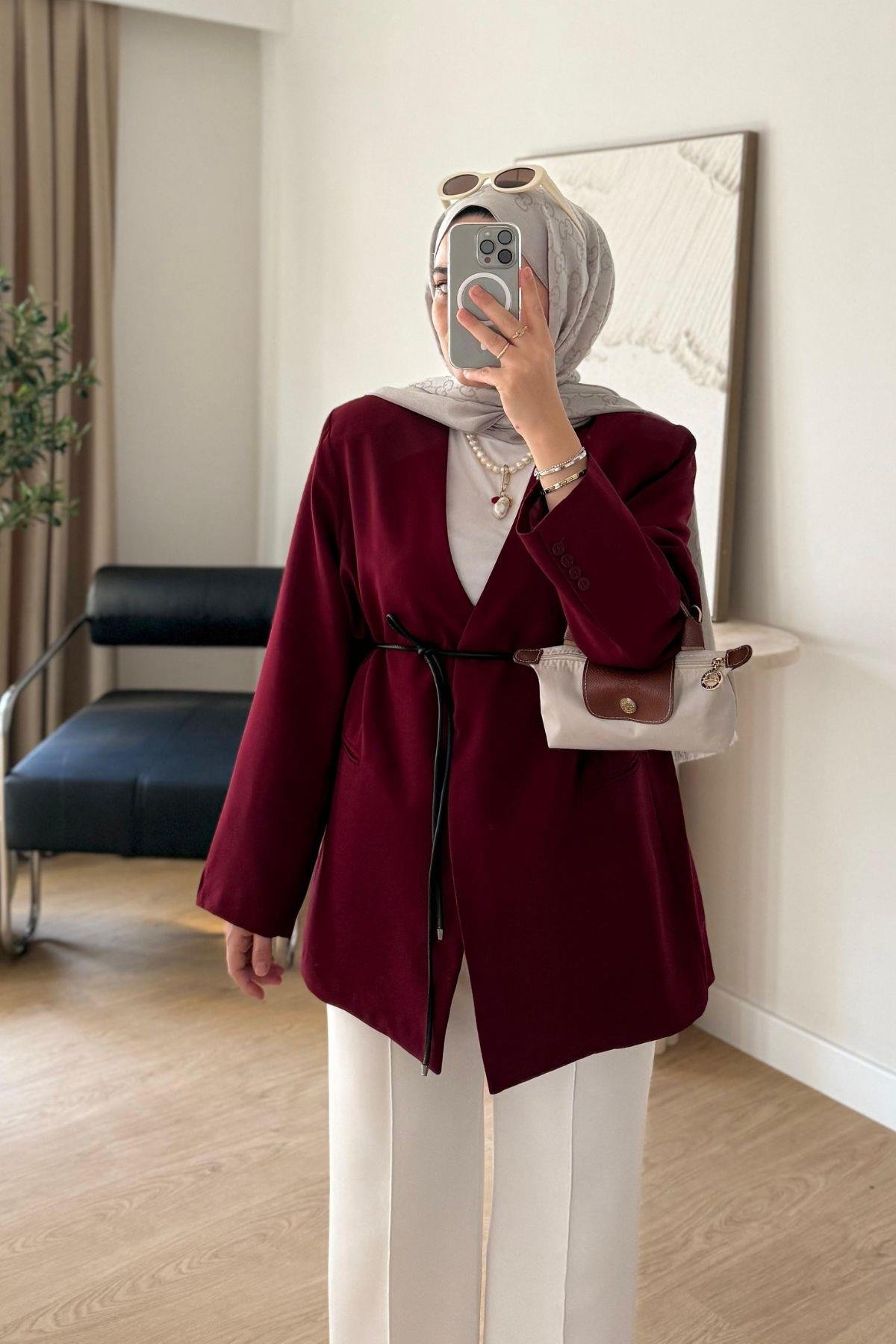 BORDO DERİ KUŞAKLI BLAZER CEKET