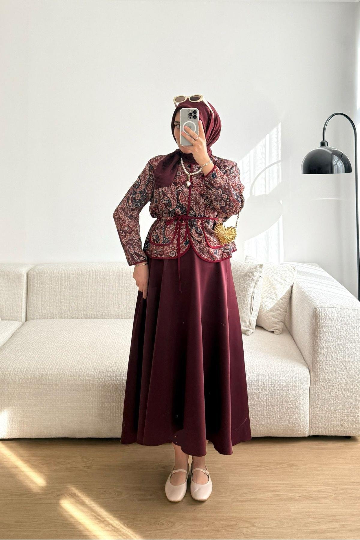 BORDO ETNİK DESENLİ KUŞAKLI  CEKET