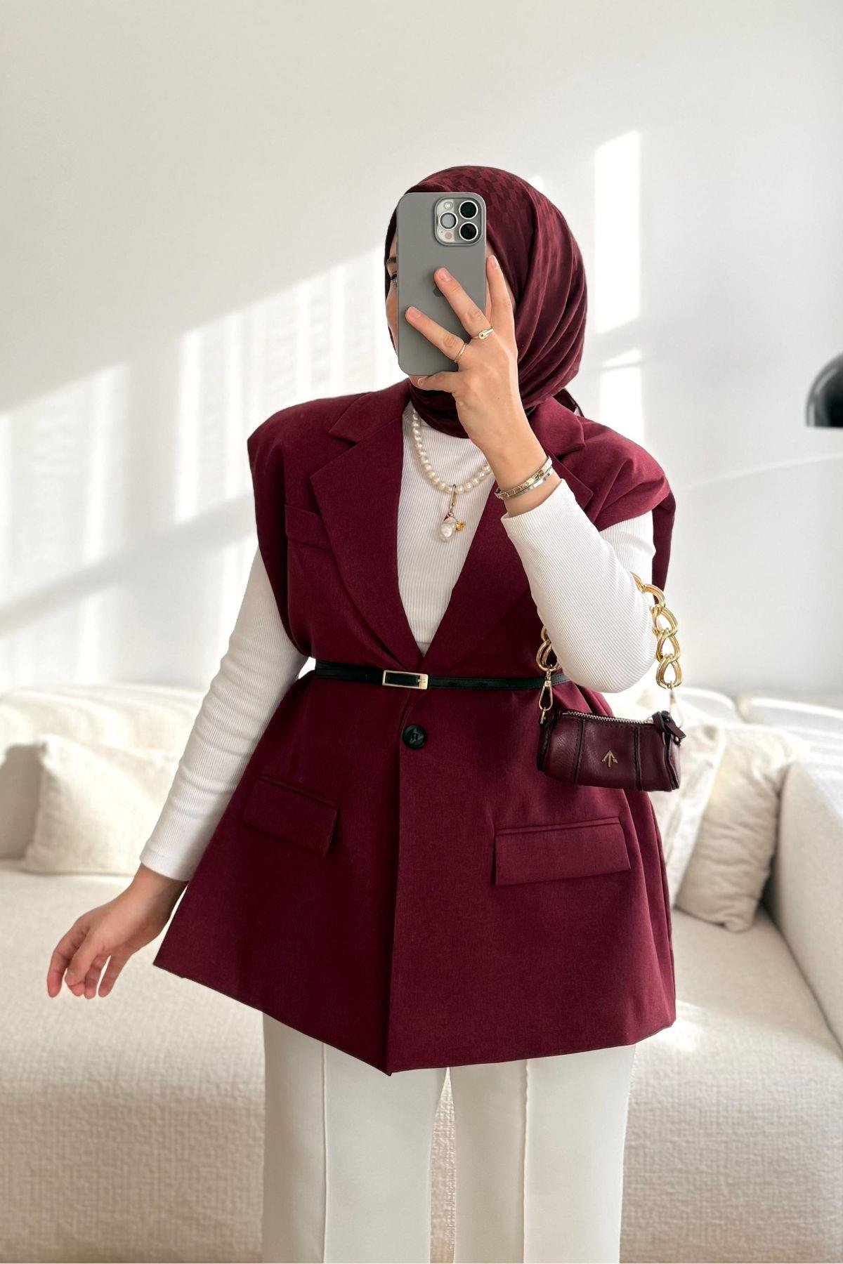 BORDO KEMERLİ YELEK CEKET 