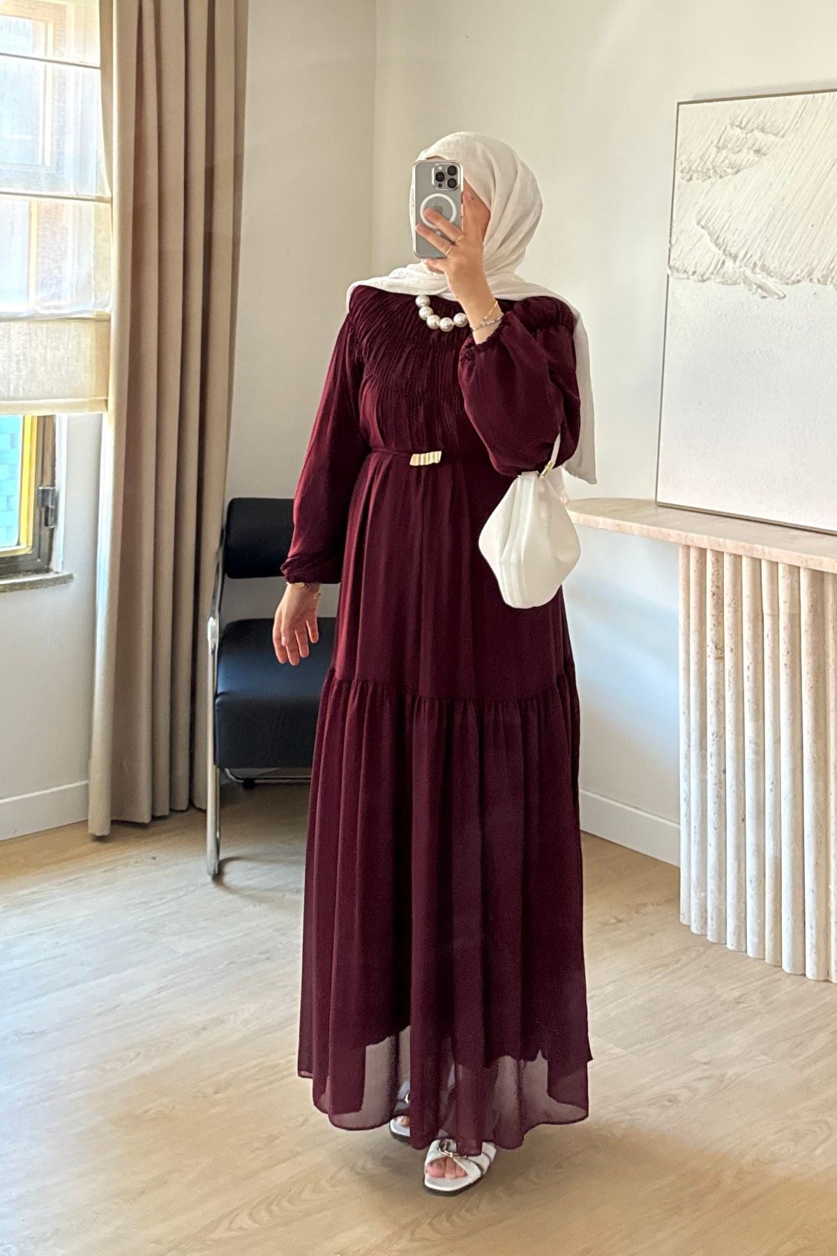 BORDO POLY ŞİFON ELBİSE