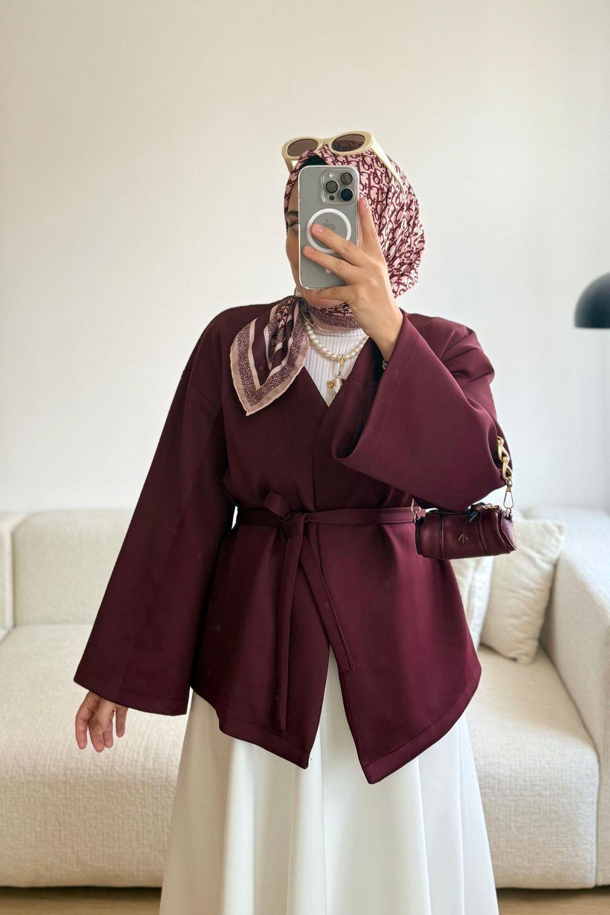 BORDO SCUBA KUŞAKLI KİMONO